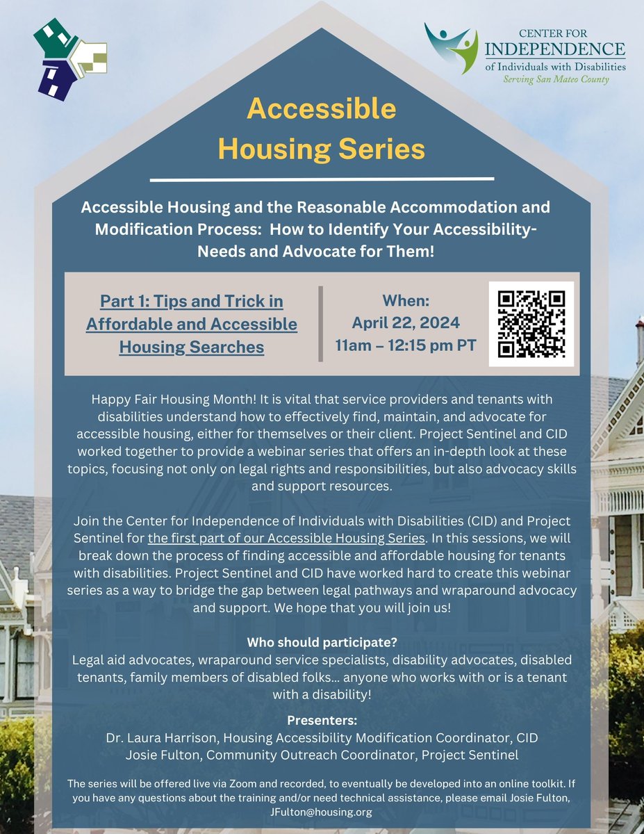 Happy #FairHousingMonth! Join us and @CIDSanMateo for the first part of our Accessible Housing Series on April 22, 2024 at 11am! Register here: us02web.zoom.us/j/84033071427