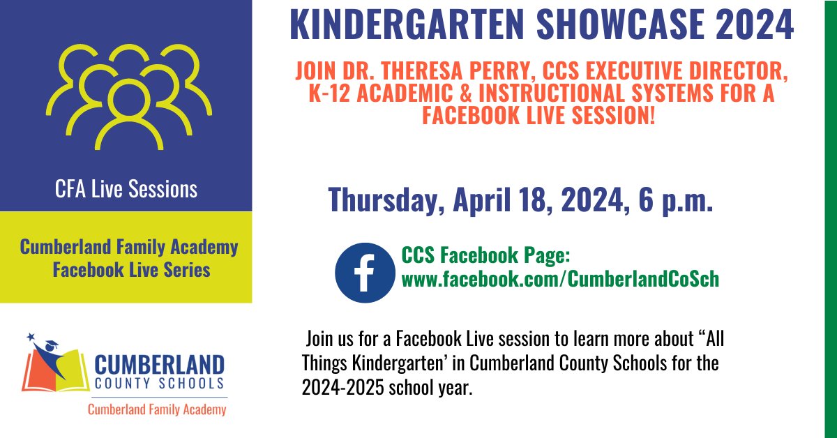 🎉 Check out our exclusive Facebook Live session, ''All Things Kindergarten'' in CCS. Everything from curriculum to preparation tips, we've got you covered. Don't miss the live Q&A session! 🗓️ When: Thursday, April 18, at 6 p.m. 📍 Where? facebook.com/CumberlandCoSch