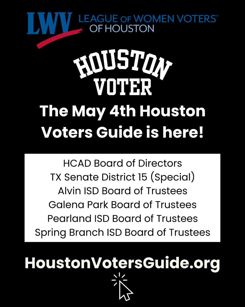 📣 IT'S HERE! Your May 4th Election Houston Voters Guide is live on our website and ready to help you cast an informed vote at the polls! houstonvotersguide.org #lwvhouston #houstonvoter #harrisvotes #hcad #sd15 #alvinisd #pearlandisd #sbisd #springbranchisd #galenaparkisd