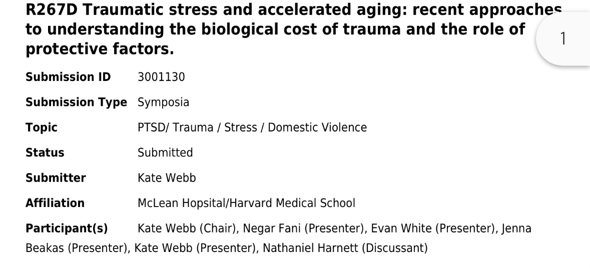#ADAA2024 Join us Sunday morning at 10:30am for a symposium on the effects of trauma on biological aging + the role of various moderating factors! This is def my #dreamteam ⭐️ symposium - looking forward to hearing from @MoreyLab @NegarFani and @EvanJWhitePhD 🤩