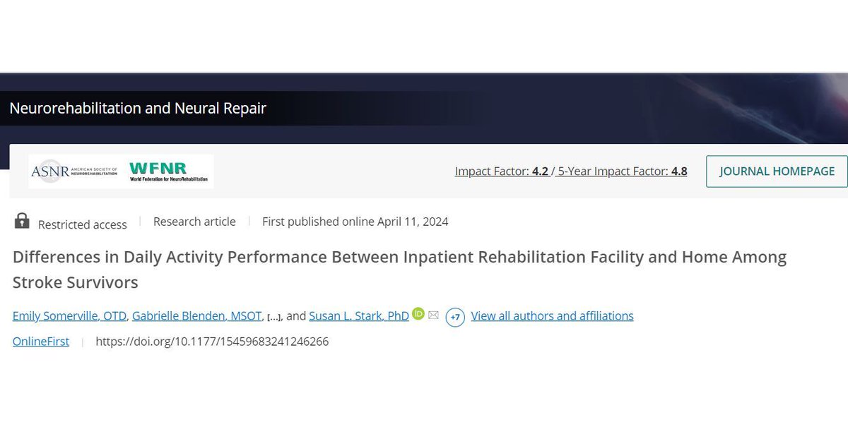 Another paper hot off the presses! We compared daily activity performance for stroke survivors during the transition from inpatient rehabilitation to home. The article is available online ahead of print in @ASNRehab: buff.ly/3VSlfHL
