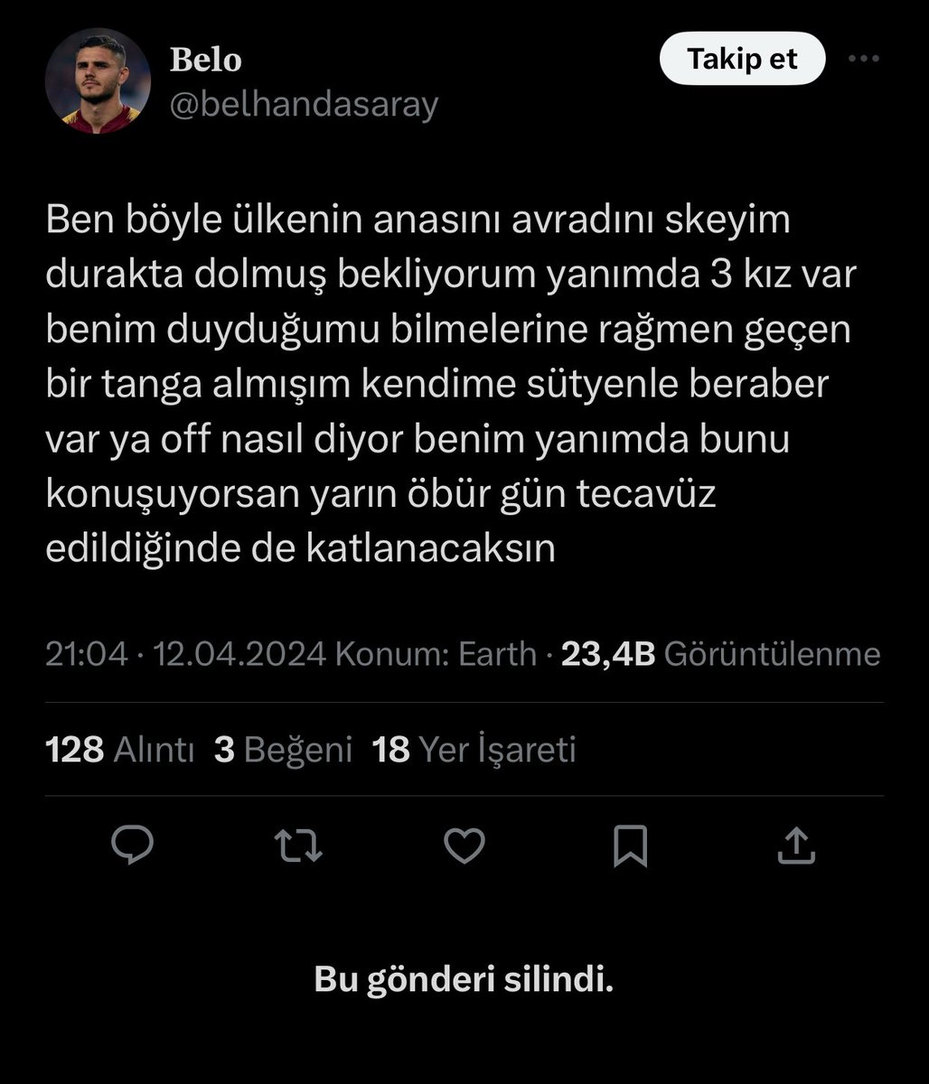 önüne gelen her karıya kıza sövüyorsun twitterda, post atsan beğenmezler space açarsın gelmezler hasta mısın olum sen s’ktir git tedavi ol allah aşkına hesabını da kapa y’rrak kafalı herif