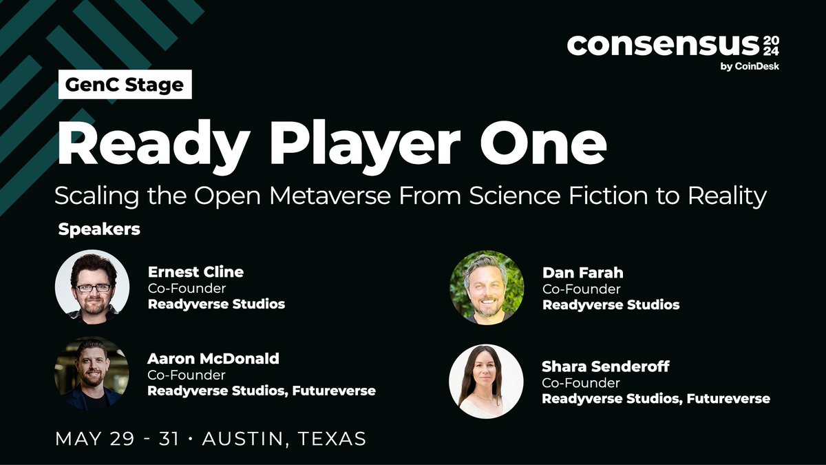 🚀 Meet the minds crafting the open metaverse at #Consensus2024. Join Ernest Cline, @TheReadyverse's @dan_farah and @aaronmcdnz and @SharaSenderoff of Readyverse Studios and @futureverse to explore a future shaped by an openness for all. Find out more 🔗 consensus2024.coindesk.com/agenda/event/-…