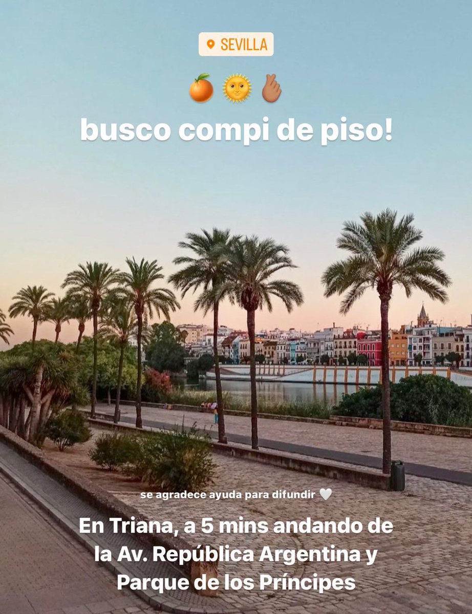 Busco compi de piso en Sevilla 🍊

Habitación individual con aire acondicionado en Triana 🪭🌞 Está disponible para entrar desde mayo, si me ayudáis a difundir os lo agradezco!! 🫶🏽 #alquilersevilla #pisosevilla