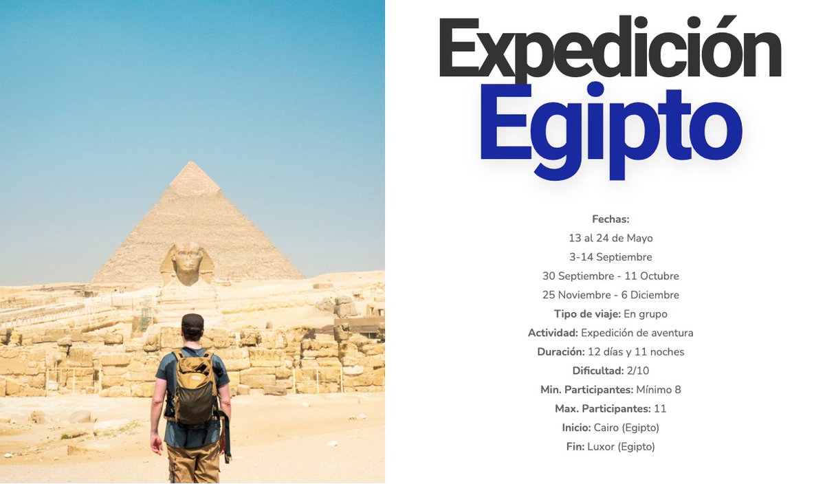 Acabo de apuntarme a #ExpedicionEgipto, un viaje alucinante con @iosulopez y @mochilerostv por el país de los faraones. ¡Ven conmigo! 📽 Mira lo que nos espera bit.ly/3Q1yOAH ✔ Información y reserva bit.ly/4cWG76u #Egipto #Aventura #Viajes #MochilerosTV