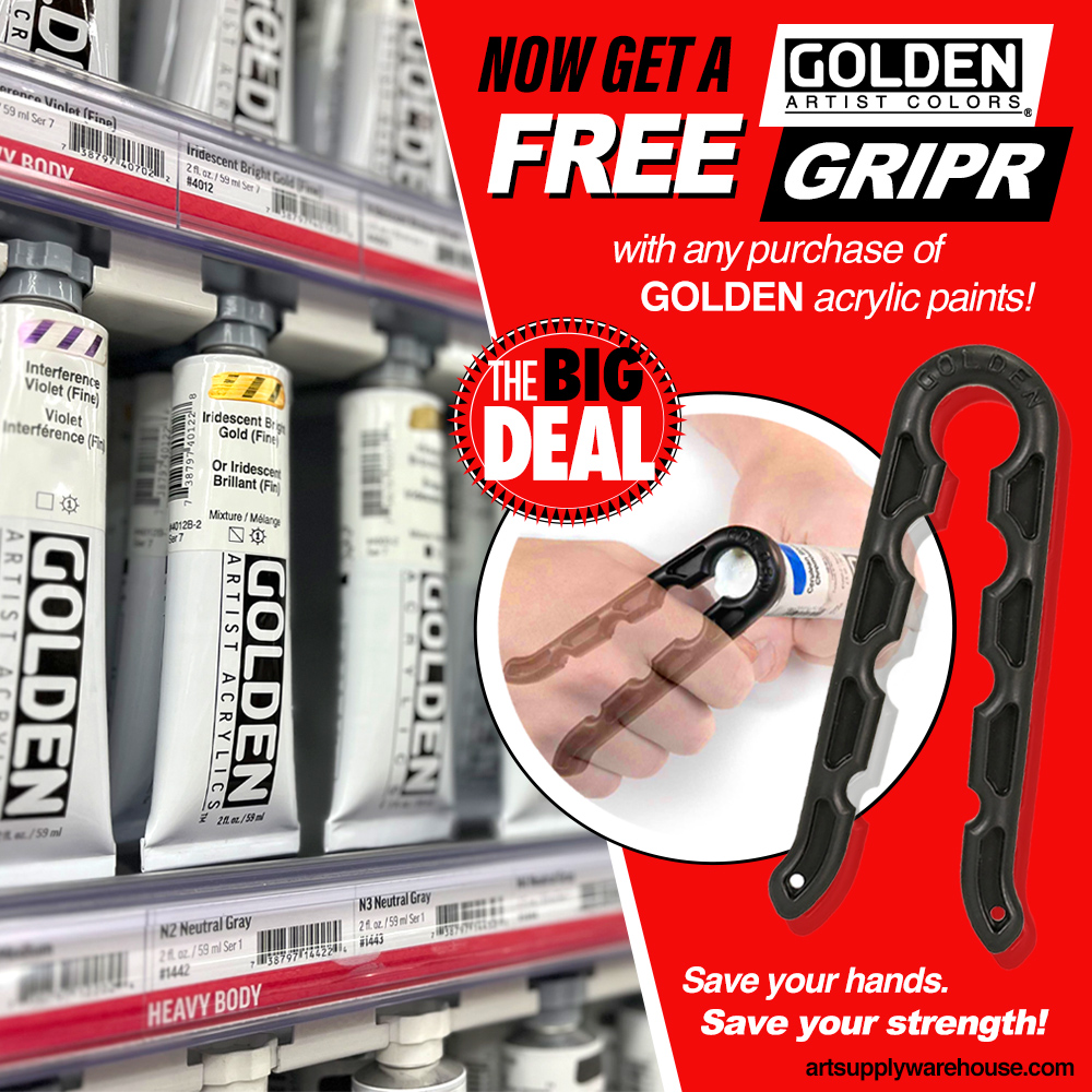 Pickup some Golden Acrylic paint this weekend and get a Free Gift! 🎁 Free GOLDEN GRIPR with any purchase of Golden Acrylic Paint. This handy tool that can open almost any tube of paint! 🙌 Good while supplies last. Deal ends: 04/14