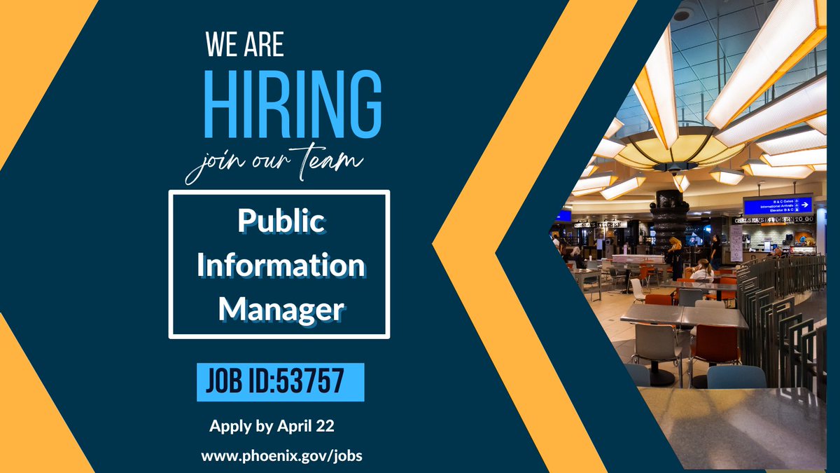 The City of Phoenix Aviation Department is hiring a Public Information Manager. This is a media relations position providing critical support as the manager of communications for Phoenix Sky Harbor Airport. For details and to apply visit bit.ly/4anxXTb Job ID: 53757