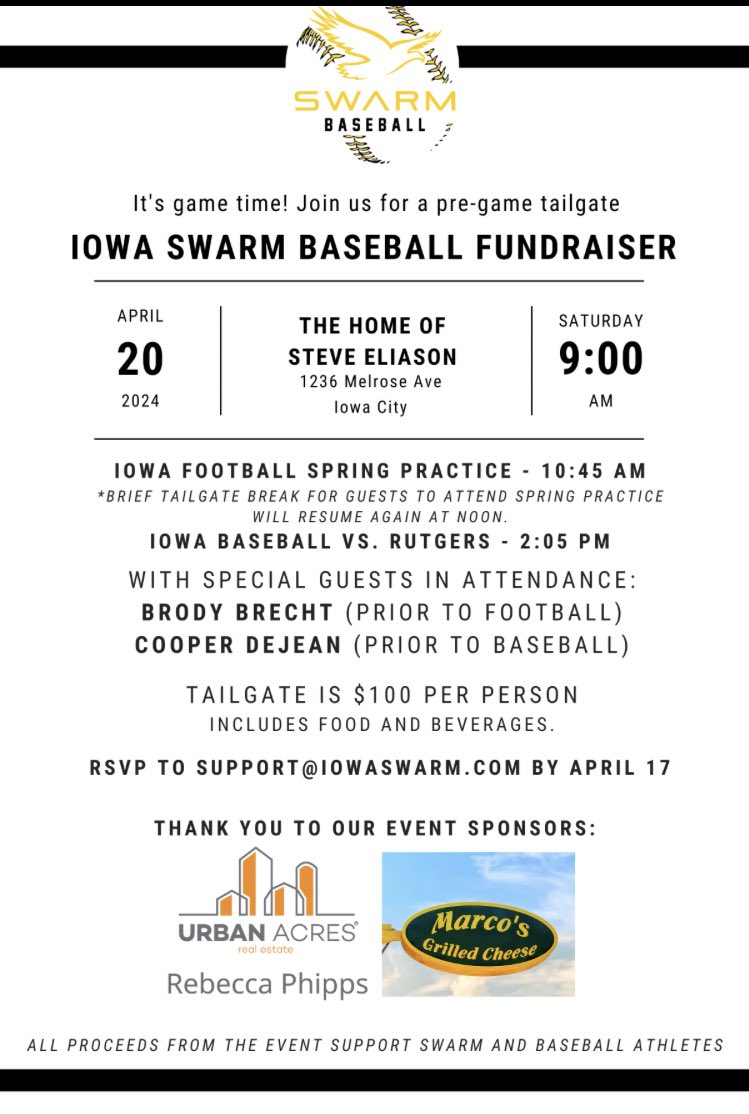 Iowa Swarm Baseball (@IAbaseballswarm) is hosting a tailgate on Saturday April 20th prior to the Football Spring Practice and the Iowa Baseball game against Rutgers. Details🔽🔽🔽