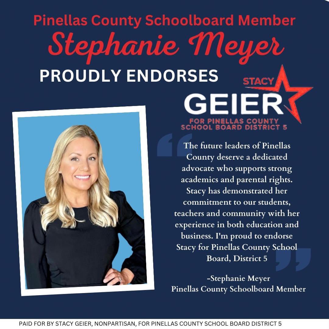 🚨🚨ENDORSEMENT ALERT 🚨🚨 
I am so thankful and very proud to be endorsed by Stephanie Meyer, who is a courageous fighter, protecting our children while serving on Pinellas County Schoolboard. I look forward to working with her on the board!
#stacygeier
#vote #pinellas #fl