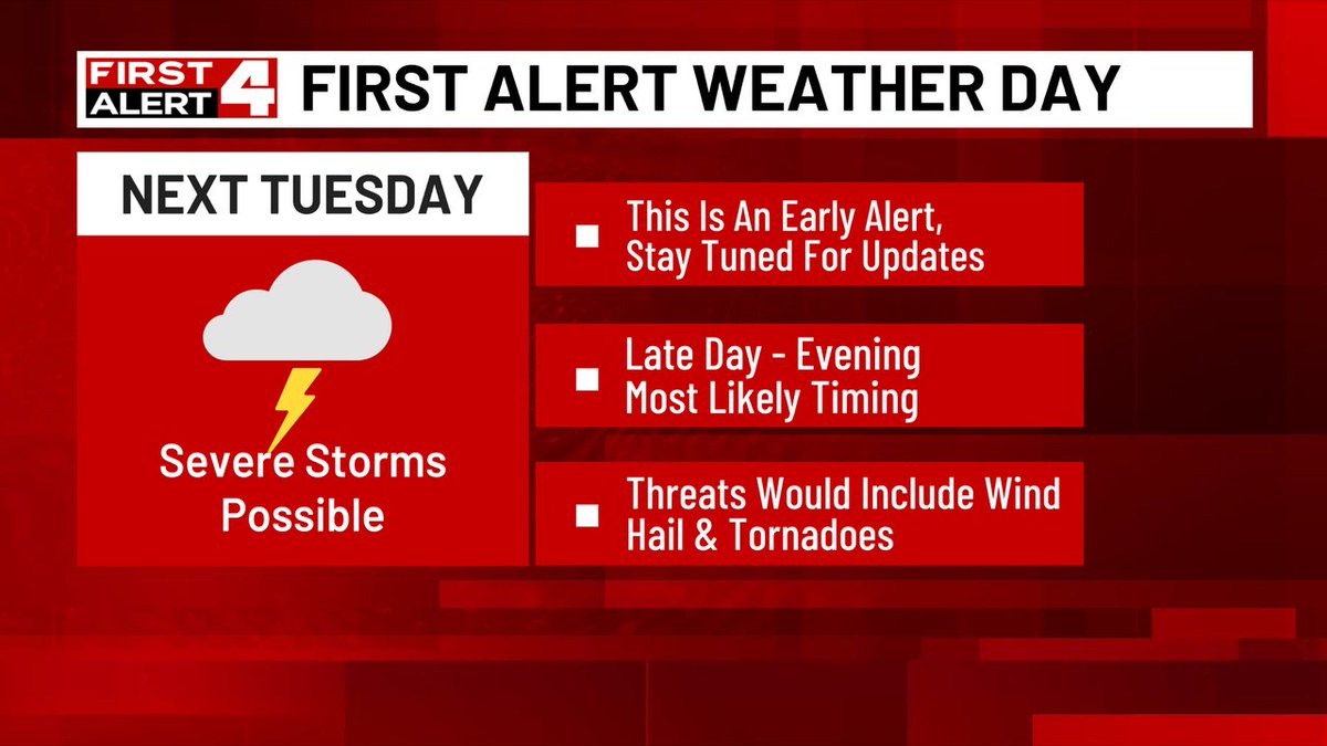 First Alert Weather Day issued for next Tuesday. It's an early alert, but we see potential for the ingredients to come together for severe weather late day or evening next Tuesday. Check in with First Alert 4 for more updates as we get closer to Tuesday #FirstAlert4