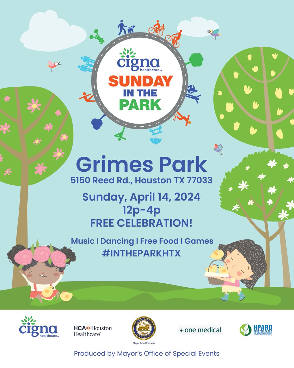 Cigna Sunday in the Park will be at Grimes Park this Sunday, April 14th from 12-4pm. We hope you will come out and join us for this free, family-friendly event! #InTheParkHTX