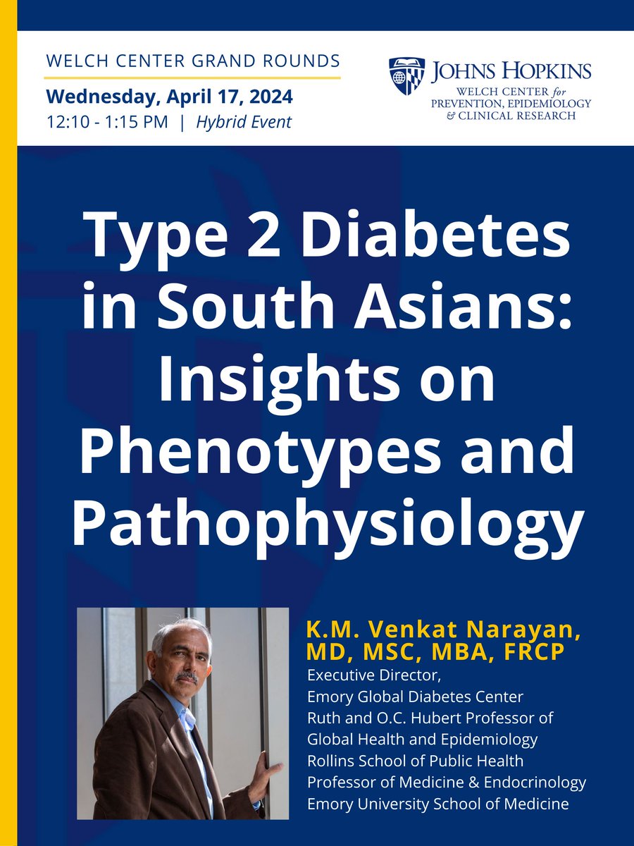 Dr. K.M. Venkat Narayan explores Type 2 Diabetes in South Asians, revealing insights on phenotypes and pathophysiology. Don't miss this chance to learn from a top expert in the field! #GrandRounds #DiabetesResearch #SouthAsianHealth #WelchWOW