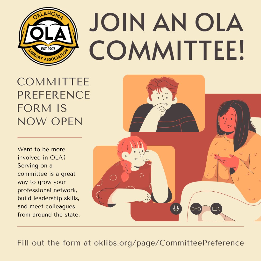 Here’s your opportunity to be involved! Serving on an OLA committee is a great way to grow your professional network, build leadership skills, and meet colleagues from around the state. Deadline to submit the Committee Preference Form is May 17: oklibs.org/page/Committee…