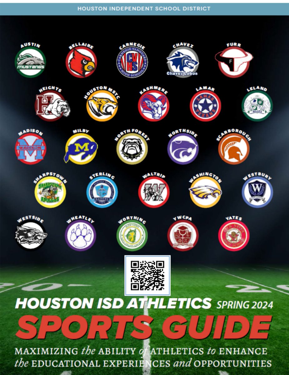 The Spring 2024 Sports Guide is here !!! Scan the QR code or click the link below houstonisd.org/Page/202003