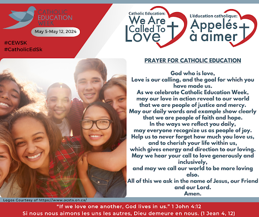 May 5-12 is Catholic Education Week in #SK. In Catholic Education, we are called to love. “If we love one another, God lives in us.” 1 John 4:12 We are called to love as a people of hope, faith, mercy, justice, and joy!
#CEWSK #CatholicEdSK #WeAreCalledToLove
