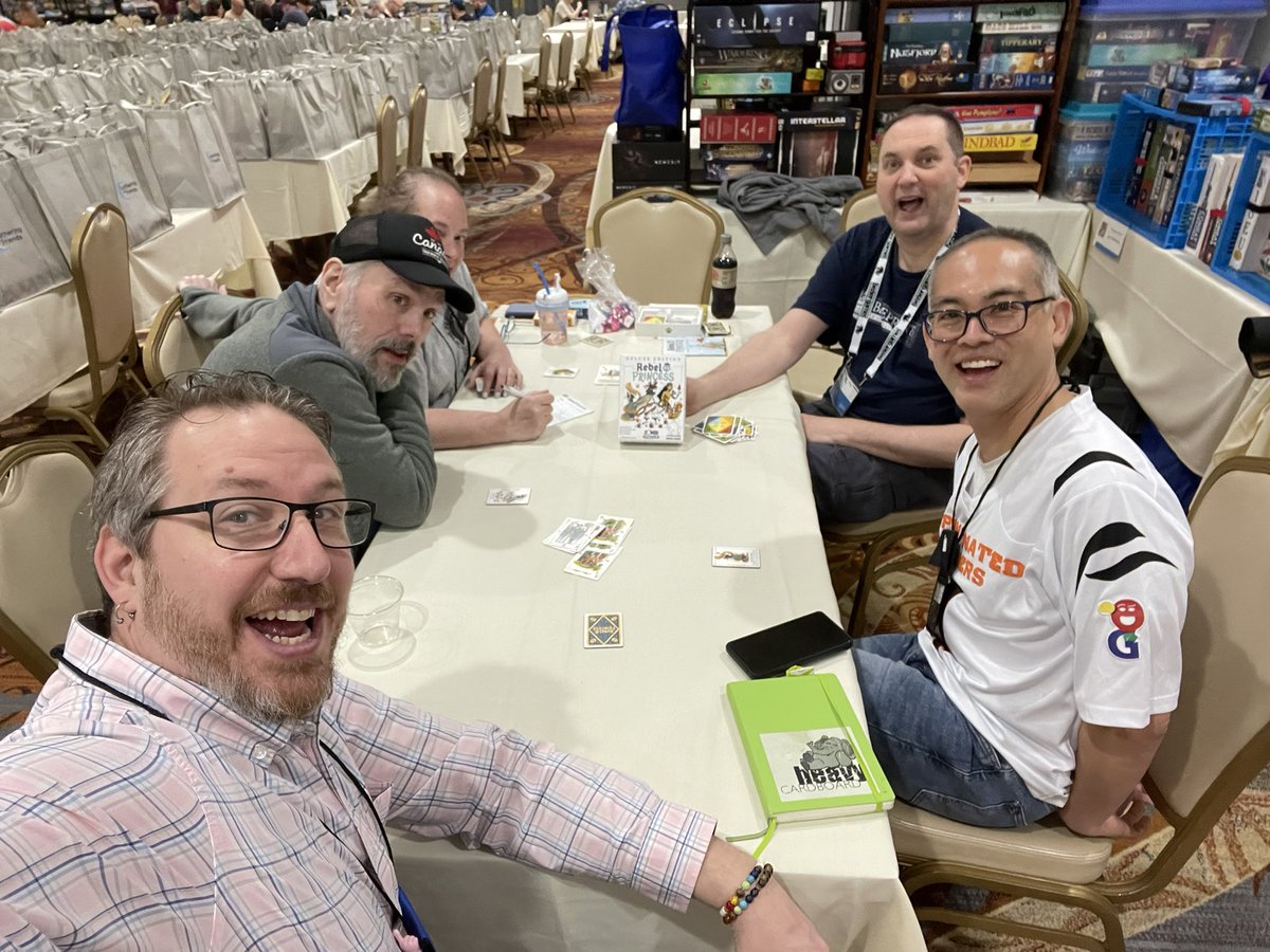 Day 2 of the #GoF finds a lot of games on the table. Pictured: La Citta (with Shrey, Joe, & Bianca) & the upcoming #RebelPrincess from @tedalspach & @beziergames (w/Dale, Ted, Michelle, & Robb). Old & new…everything is getting played!👍🏼