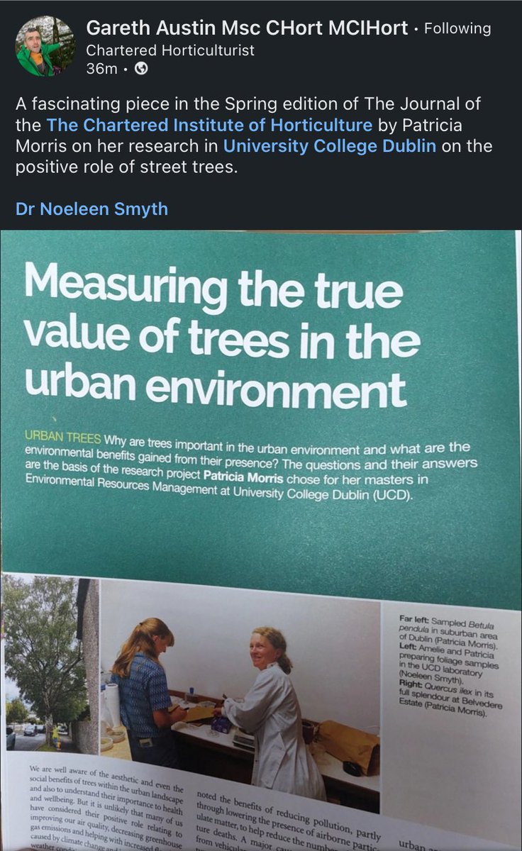 Nice piece of @UCDHort designed and supervised research on the benefits of urban street trees by masters student Patricia Morris and wonderful Erasmus student @amelie_goulard highlighted in spring edition of @CIHort journal. 👏👏🙏@noeleenbotanics @MaryAHarty @AislingBReilly1