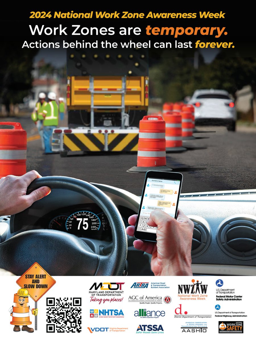 National Work Zone Awareness Week begins tomorrow. It’s an annual spring campaign to encourage safe driving through roadway construction zones. This year's theme is: “Work Zones are temporary. Actions behind the wheel can last forever.” FMI: nwzaw.org #NWZAW