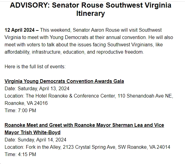 It sure looks like VA State Sen. @AaronRouseVaBch (D-Virginia Beach) is interested in running/intending to run statewide (probably for LG in 2025). bluevirginia.us/2024/04/friday…
