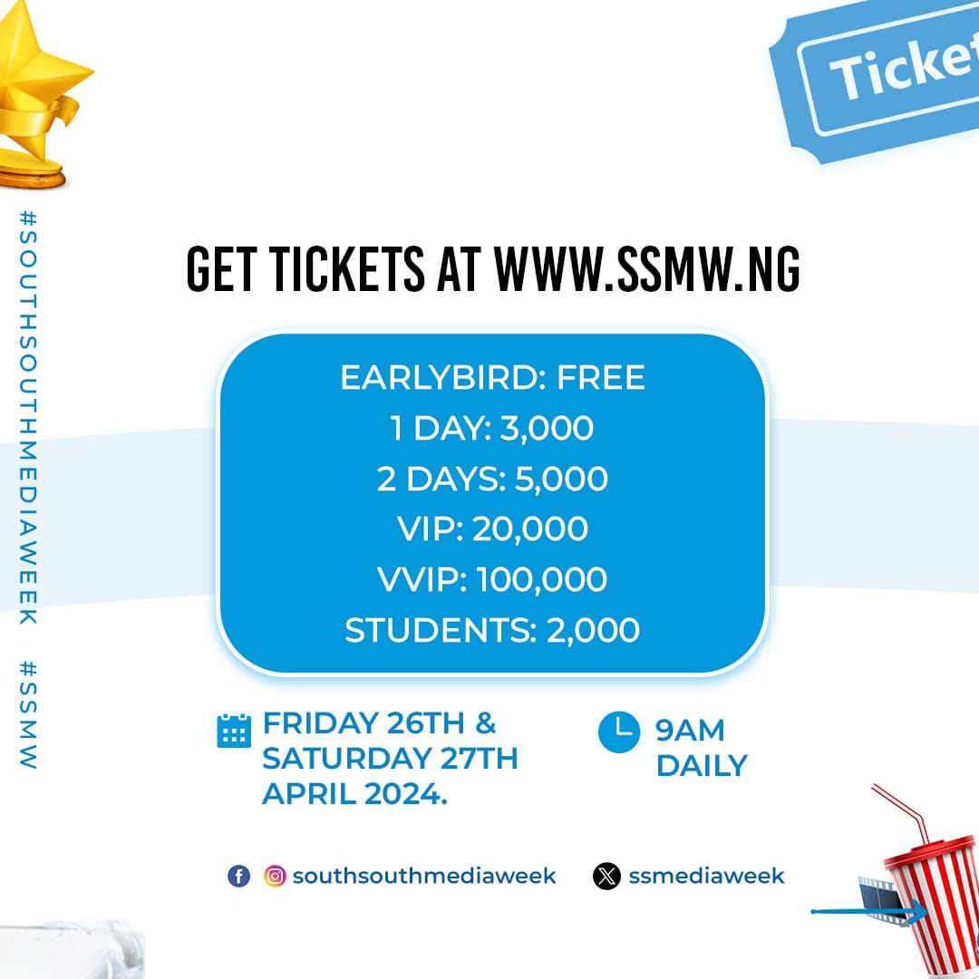 #SouthSouthMediaWeek is all about conversations, transactions & collaborations centered around Tech, Entrepreneurship, Media, Entertainment, Governance & more. Register at SSMW.NG Fri. 26th & Sat. 27th April 2024. 9am Daily. #SSMW
