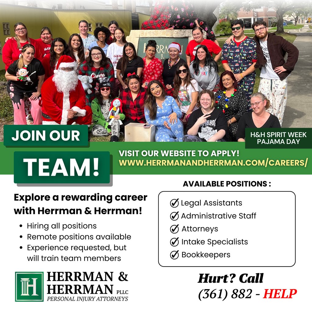 WE'RE ON THE HUNT FOR NEW TALENT! APPLY NOW! 💻

Apply today on our website and turn your professional goals into reality! 💻✨
herrmanandherrman.com/careers/

Hurt? 🤕 
Call (361) 882-HELP ☎️

#NowHiring #JoinOurTeam #HerrmanAndHerrman #herrmanlawfirm