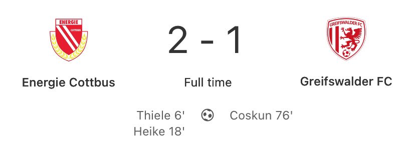 COTTBUS BEAT GREIFSWALD! Huge win as Energie go top for the time being. Over to BFC Dynamo tomorrow versus Viktoria Berlin. #RLNO #FCEGFC