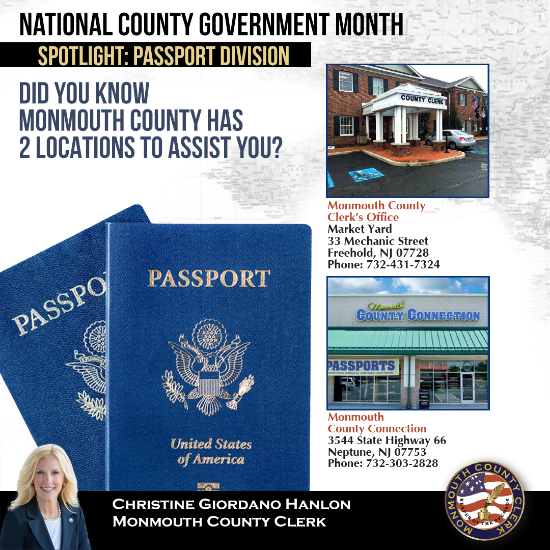 April is #NationalCountyGovernmentMonth! Today's spotlight is on the County Clerk's Passport division, two locations where #MonmouthCounty residents can get photos taken and complete their applications! Visit tinyurl.com/mccpassport for hours & document requirements.