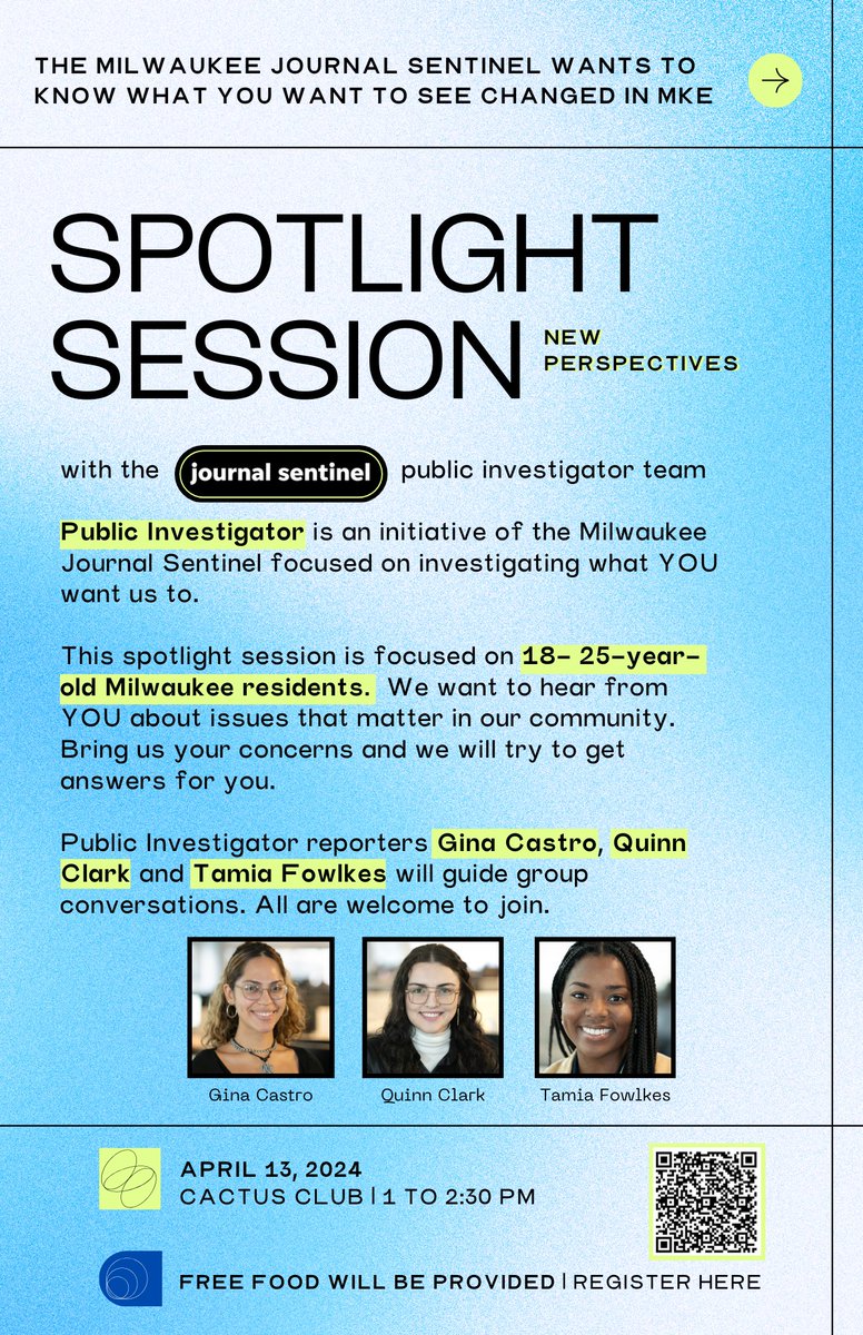 Milwaukee! @journalsentinel's Public Investigator team wants to know what you think we should be reporting on!🔎 Join @Quinn_A_Clark, @ItsGinaCastro and I for a community listening session TOMORROW at @CactusClubMKE 📰 All ages welcome! Free food will be served.