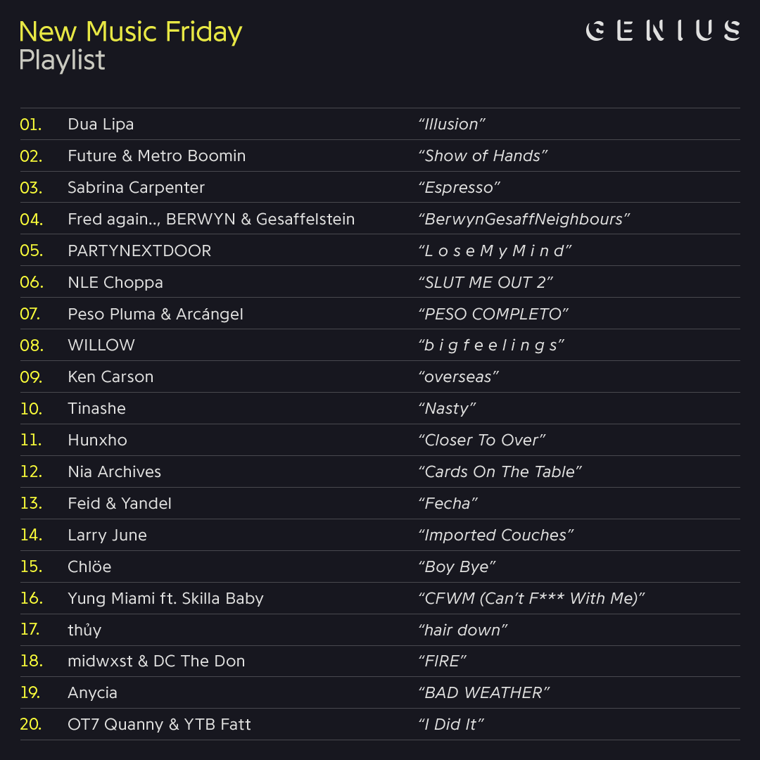 it's the end of the week, so you already know what time it is 😎 tap in to our #newmusicfriday playlist ⬇️ so.genius.com/8xwj03T