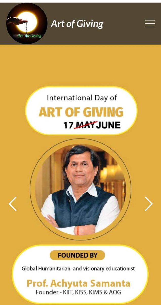 Art of Giving #artofgiving #AchyutaSamanta

This year, the 11th edition will feature grand celebrations of the Art of Giving in all blocks and districts of all states of India and across 120 countries globally on June 17th, under the theme “Let’s AOG (Art of Giving)“, aiming to i