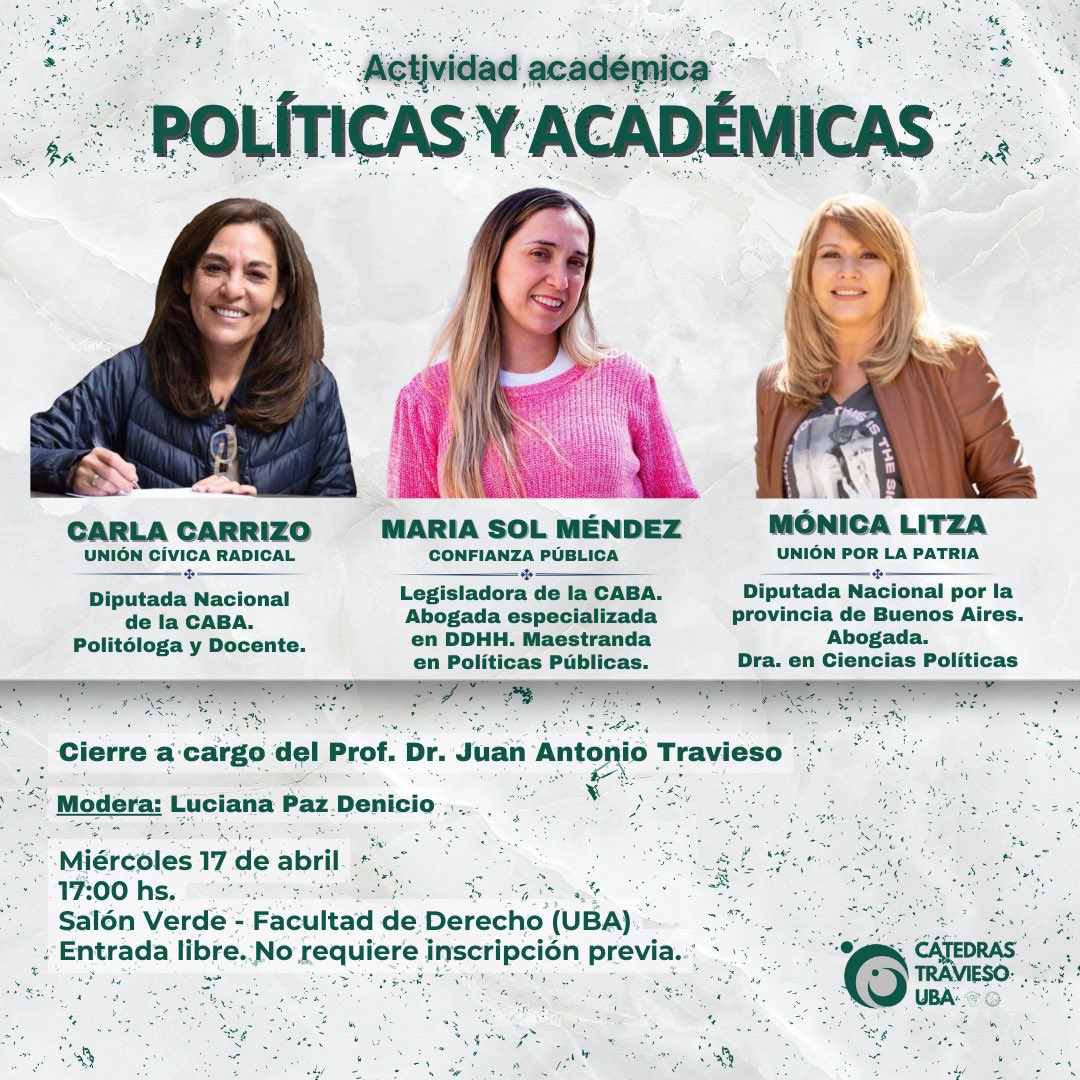 Los invitamos el miércoles 17 de abril a las 17:00hs en la Facultad de Derecho de la UBA donde vamos a estar charlando sobre la importancia de la academia y cómo impacta en la vida política de nuestro país.