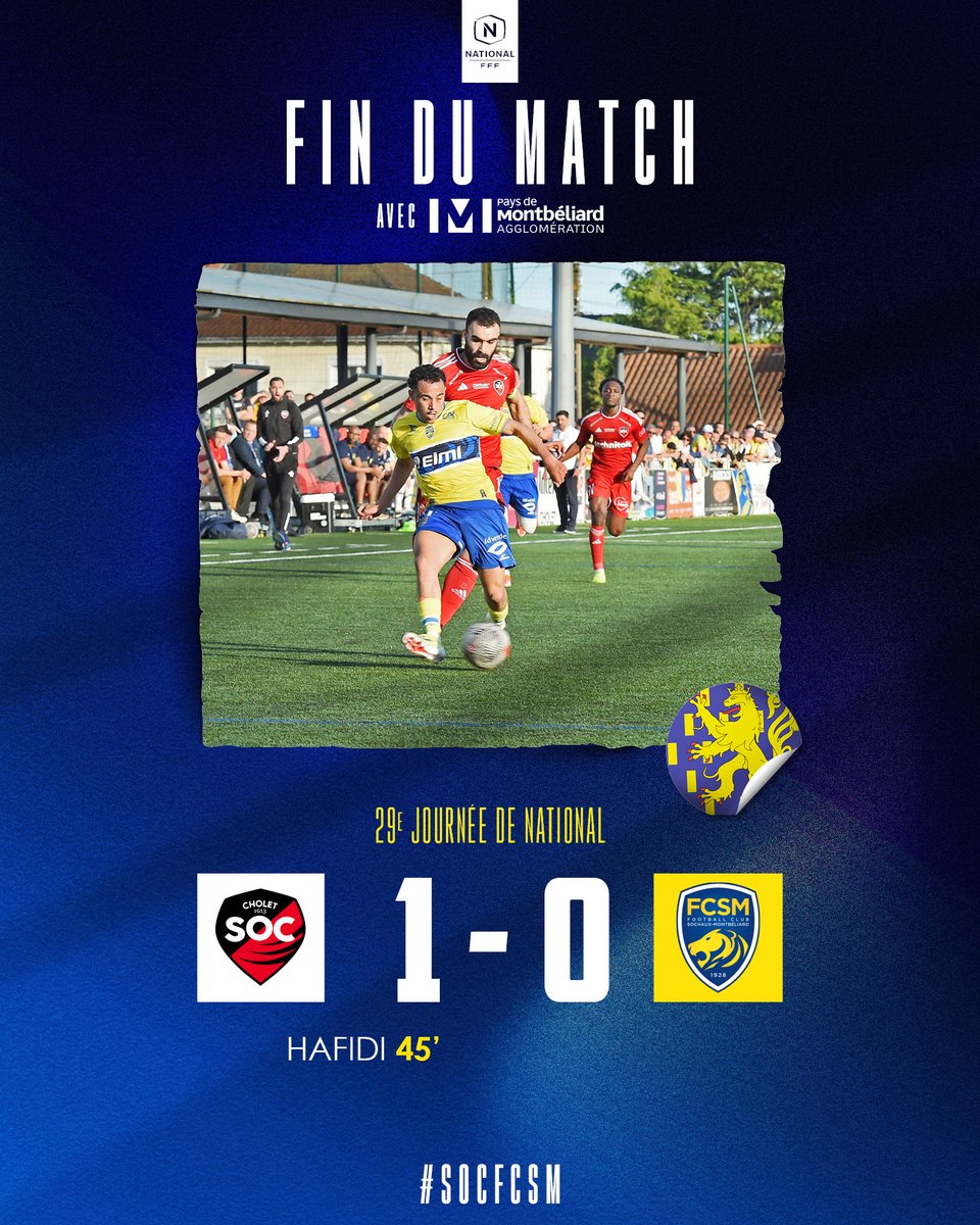 🏁 𝐅𝐢𝐧 𝐝𝐮 𝐦𝐚𝐭𝐜𝐡 ! En manque de réussite offensive en première mi-temps, les Sochaliens ont ensuite buté sur une défense bien en place et s'inclinent ce soir face au SO Cholet. 1⃣-0⃣ #SOCFCSM