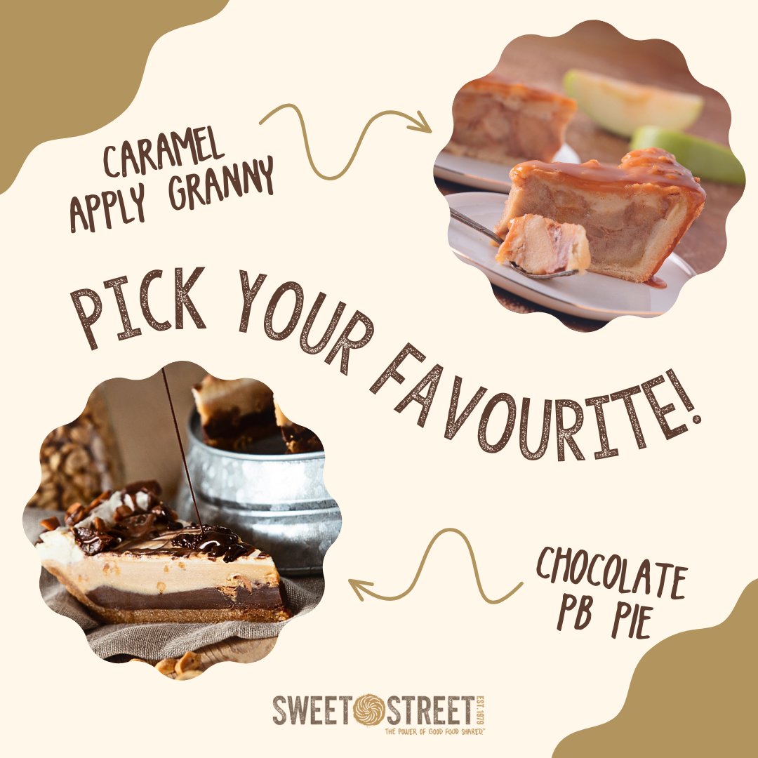 What is calling your name for this weekend? The comforting warmth of Caramel Apple Granny or the indulgent allure of Chocolate Peanut Butter Pie? 🥧🍎🍫 . . #sweetstreet #sweetstreetdessert #caramelapple #chocolate #chocolatepeanutbutter #peanutbutter #peanutbutterpie