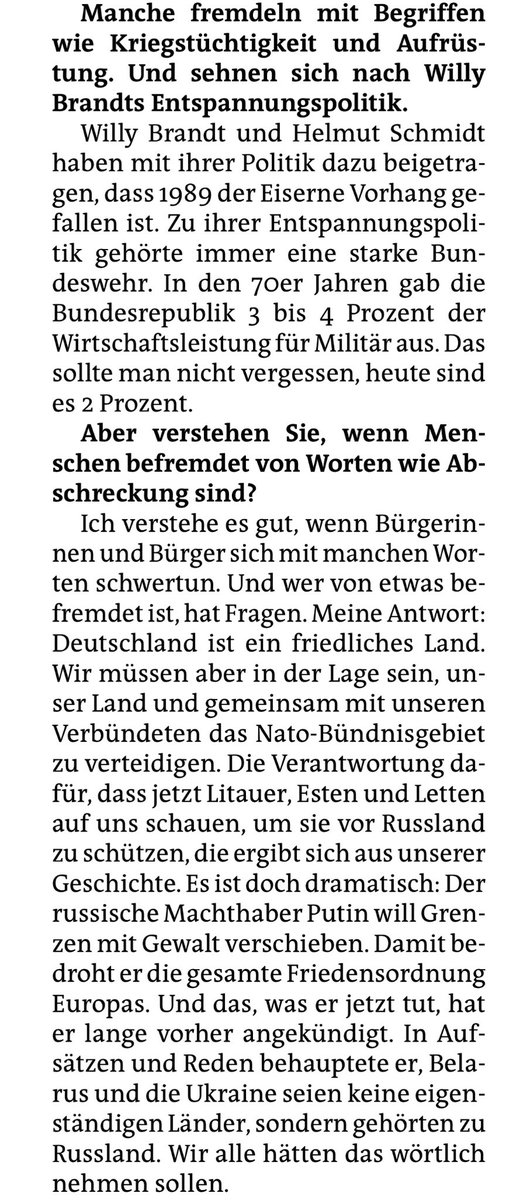 „Zur Entspannungspolitik gehörte immer eine starke Bundeswehr. In den 70er Jahren gab die Bundesrepublik drei bis vier Prozent der Wirtschaftsleistung für Militär aus. Das sollte man nicht vergessen“. taz.de/Kanzler-Olaf-S…