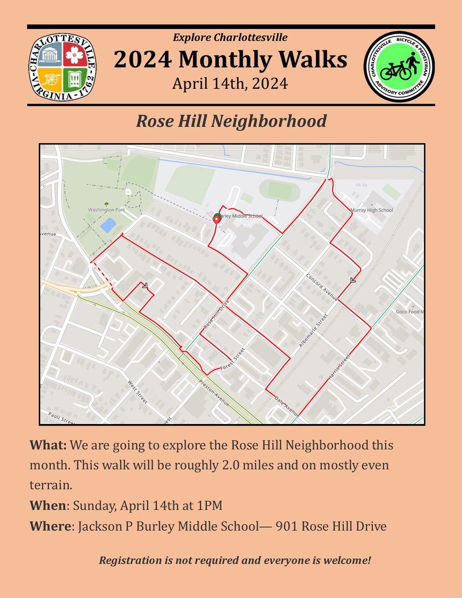 The Bicycle-Pedestrian Advisory Committee is walking through Rose Hill neighborhood THIS Sunday, April 14th at 1 PM! The starting point is Jackson P. Burley Middle School, but feel free to come and go as you please. This FREE walk is rain or shine!