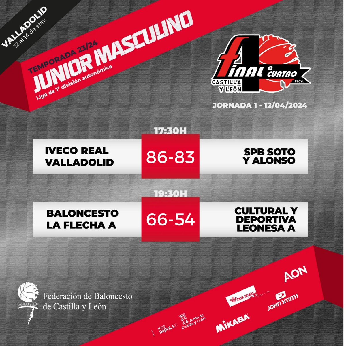 FBCyL's tweet photo. 🏆 F4 Junior Masculina ⛹🏻‍♂️ | Resultado J1

19:30H @cblaflecha 6️⃣6️⃣ 🆚 @CultuBaloncesto 5️⃣4️⃣

#F4CyL2024 #BasketEnVivo https://t.co/U1DJQ9IaIQ