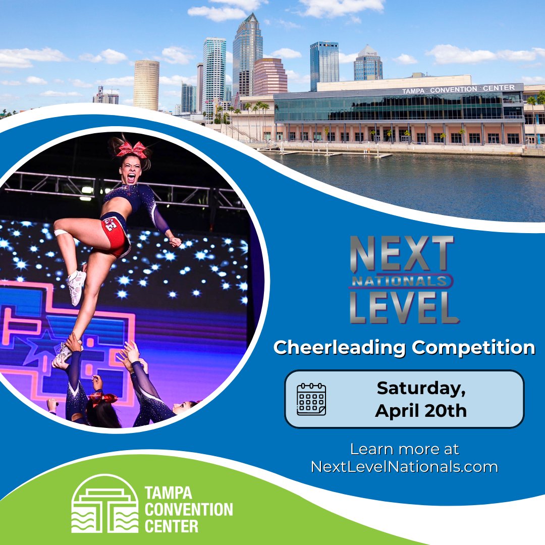 Attending the Next Level Nationals cheerleading competition here at #TheTampaCC? Here are some tips! 🔵 WHEN: Sat 4/20 - 8am-9pm 🔵 PARK: At the Tampa Convention Center Parking Garage or Pam Iorio Parking Garage 🔵 TICKETS: $25 cash only More info at NextLevelNationals.com/Florida