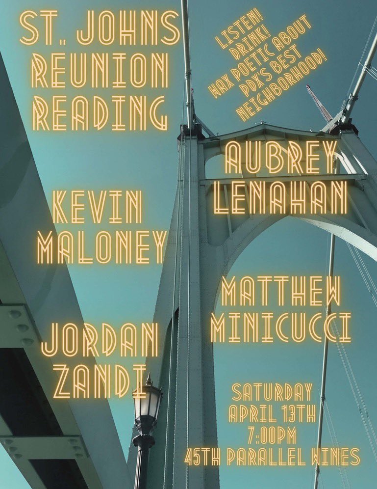 Hey hey hey Portland!!! This is tomorrow night! 7pm! Come on up to St. Johns and hear some amazing words and drink some wine and, who knows, maybe we'll all end up at one of our neighborhood's glorious dive bars. 🔥🔥🔥