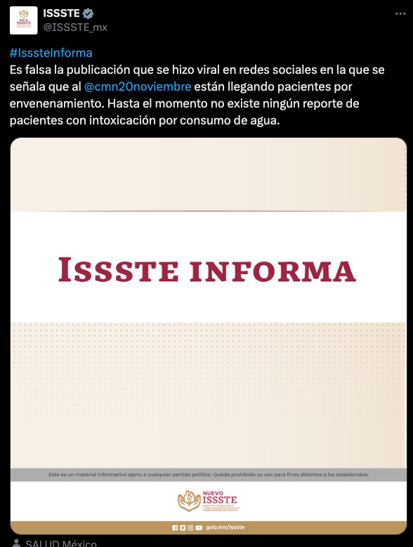 Reporte_Indigo's tweet image. .@ISSSTE_mx informa hasta el momento no existe ningún reporte de pacientes con intoxicación por consumo de agua.