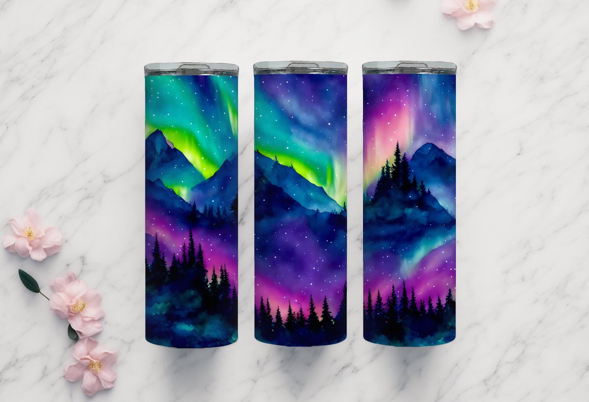 Northern Lights over mountains 20oz and 30oz skinny and tapered tumbler wraps, seamless sublimation PNG Digital Download tuppu.net/2d32d77d #Etsy #PaperlessPrettiesArt #SkinnyTumblerWrap