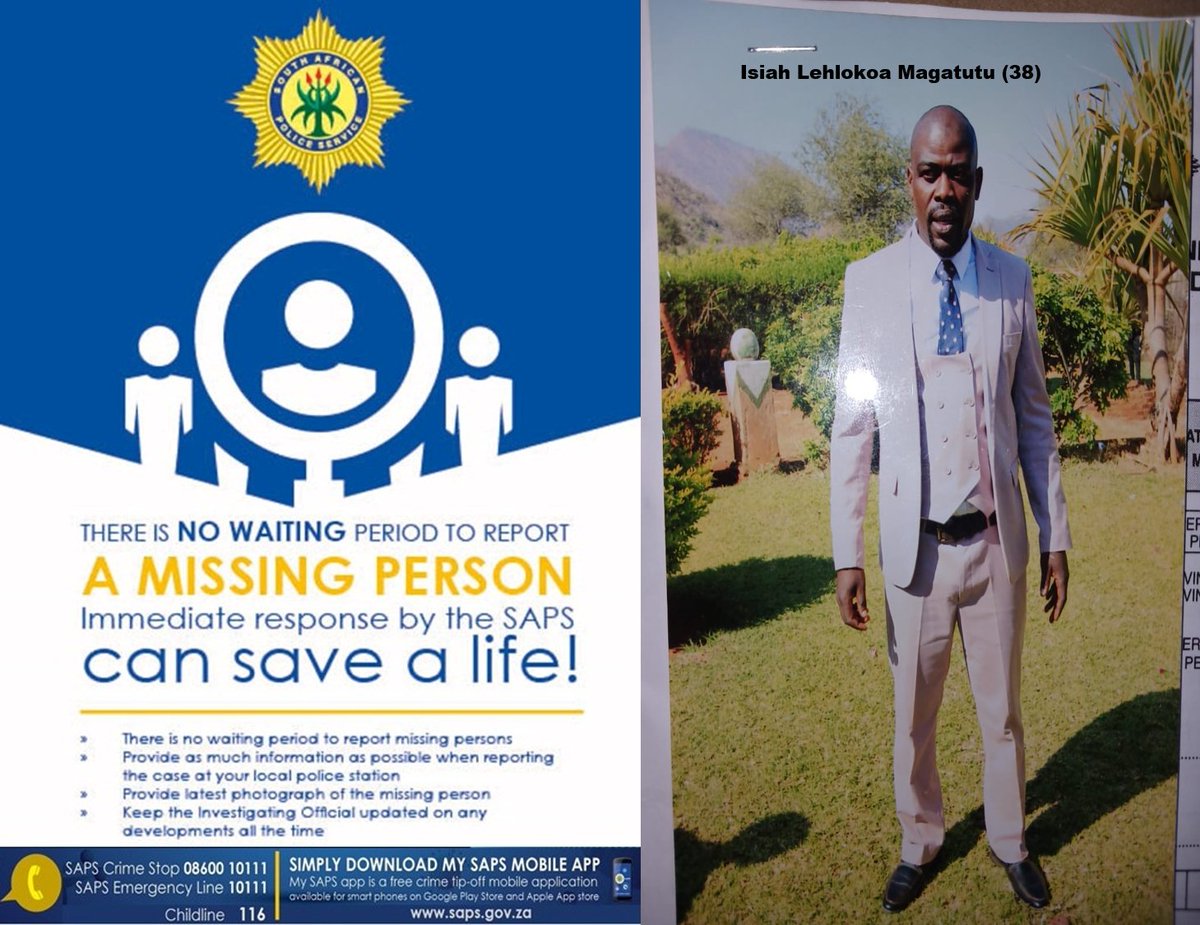 RT #sapsLIM Help #SAPS Mankweng locate a #missing man, Isiah Lehlokoa Magatutu, aged 38, from Ga-Molepo. Reportedly last seen on 27/03 at about 20:00 in the evening, after he failed to return home from a local tuckshop. Info->WO Ramakgolo on 072 577 6263 #CrimeStop #MySAPSApp ME…