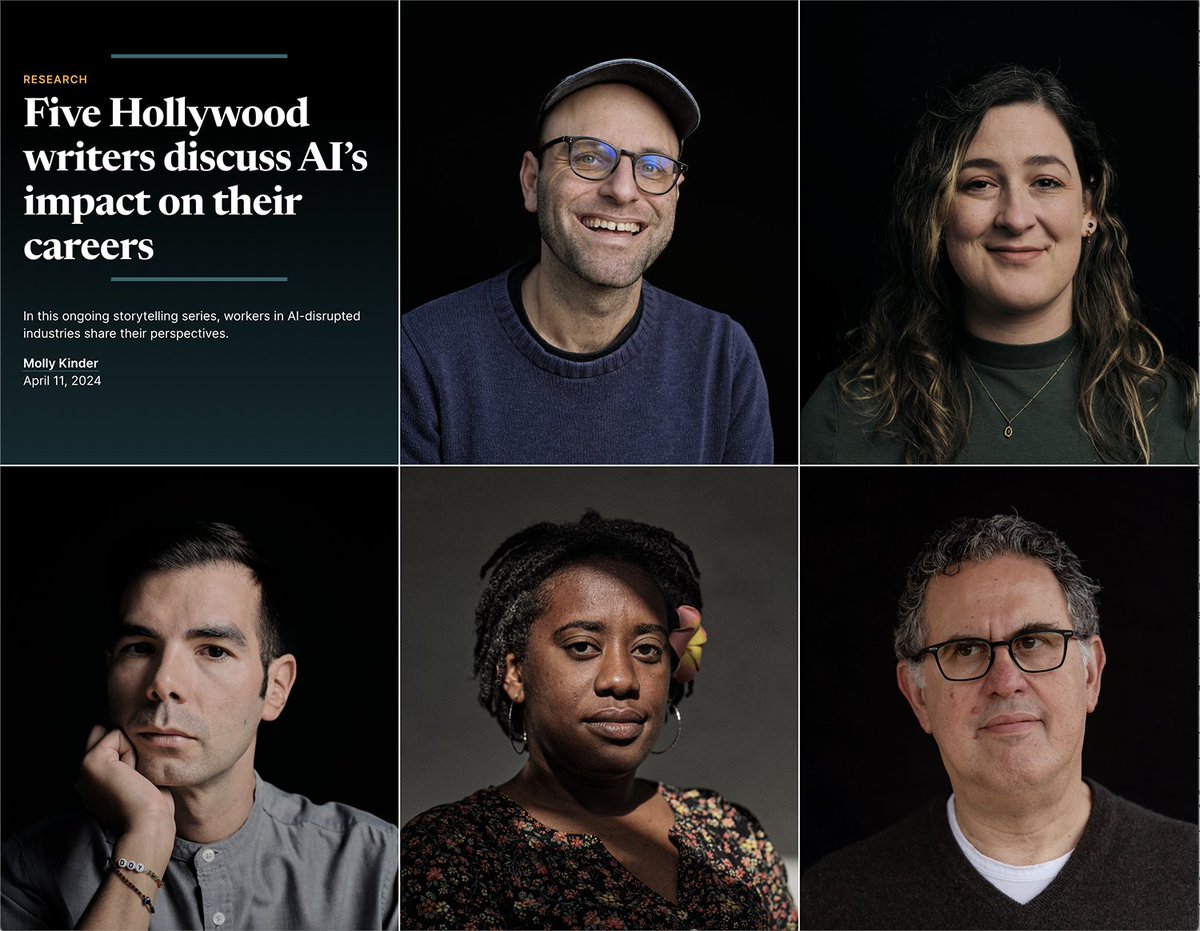 In the first set of stories in an ongoing series, @MollyKinder interviews 5 Hollywood writers who offer their reflections on efforts to shape the way generative AI impacts writing TV and movies. Read their experiences here: brookings.edu/articles/five-… 1/6