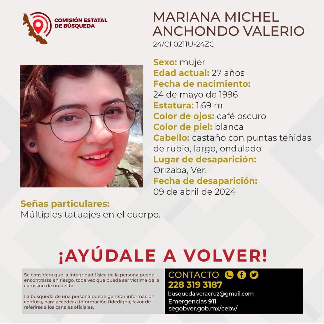 Vanguardia_Mx's tweet photo. ⚠️ 🔎 Mariana Michel Anchondo Valerio 𝐞𝐬 𝐛𝐮𝐬𝐜𝐚𝐝𝐚 𝐩𝐨𝐫 𝐬𝐮 𝐟𝐚𝐦𝐢𝐥𝐢𝐚, la última vez fue vista en #Orizaba #Veracruz.⚠️ 
🔴 #VanguardiaNoticias

https://t.co/JLPdLhlWgC https://t.co/MDGZ23lTKD