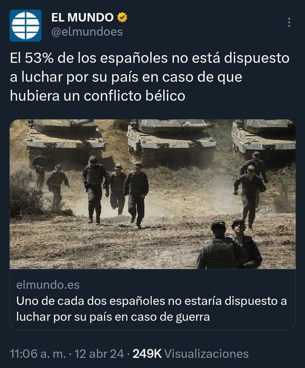 El 53% de los españoles dice NO estar dispuesto a luchar por su país en caso de una guerra. #España, convertida en neocolonia estadounidense, se la pasa de escudero de #EEUU apoyando y alentando conflictos en terceros países. Es obvio que sus ciudadanos no quieran morir por esa…