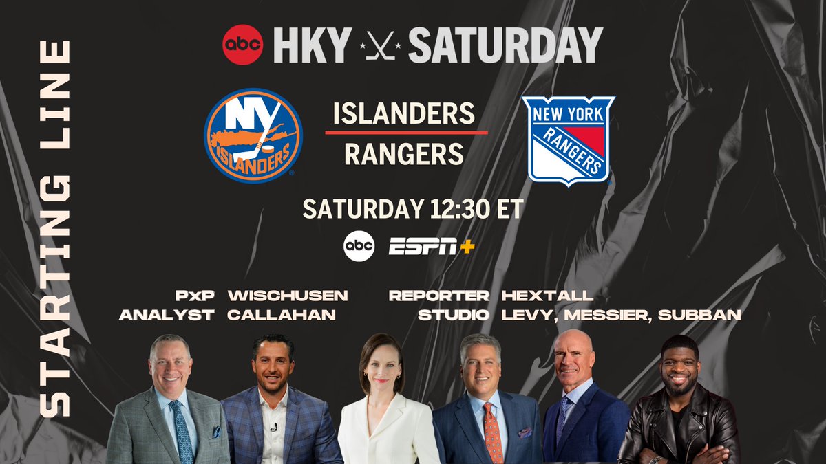 The last Saturday of the #NHL regular season features a tripleheader across ABC & ESPN+ 🏒 Noon ET | Pregame Show 🎙 @espnSteveLevy, Mark Messier, @PKSubban1 🏒 12:30p ET | #Isles-#NoQuitInNY 🎙 @espnbob, @TheRealCally24, @leahhextall Studio | Levy, Messier, Subban
