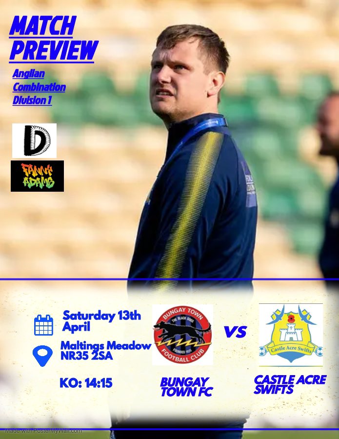 CastleAcreFC's tweet photo. ⚽️ TOMORROW ⚽️ 

We travel away to @BungayTownFC  needing a win to keep the pressure on them in the race for promotion. Who’d have thought we’d be saying that at the start of the season? 😎#seniorfootball 

Come on Swifts!!! 💛💙 https://t.co/DmCX6kI1Ag