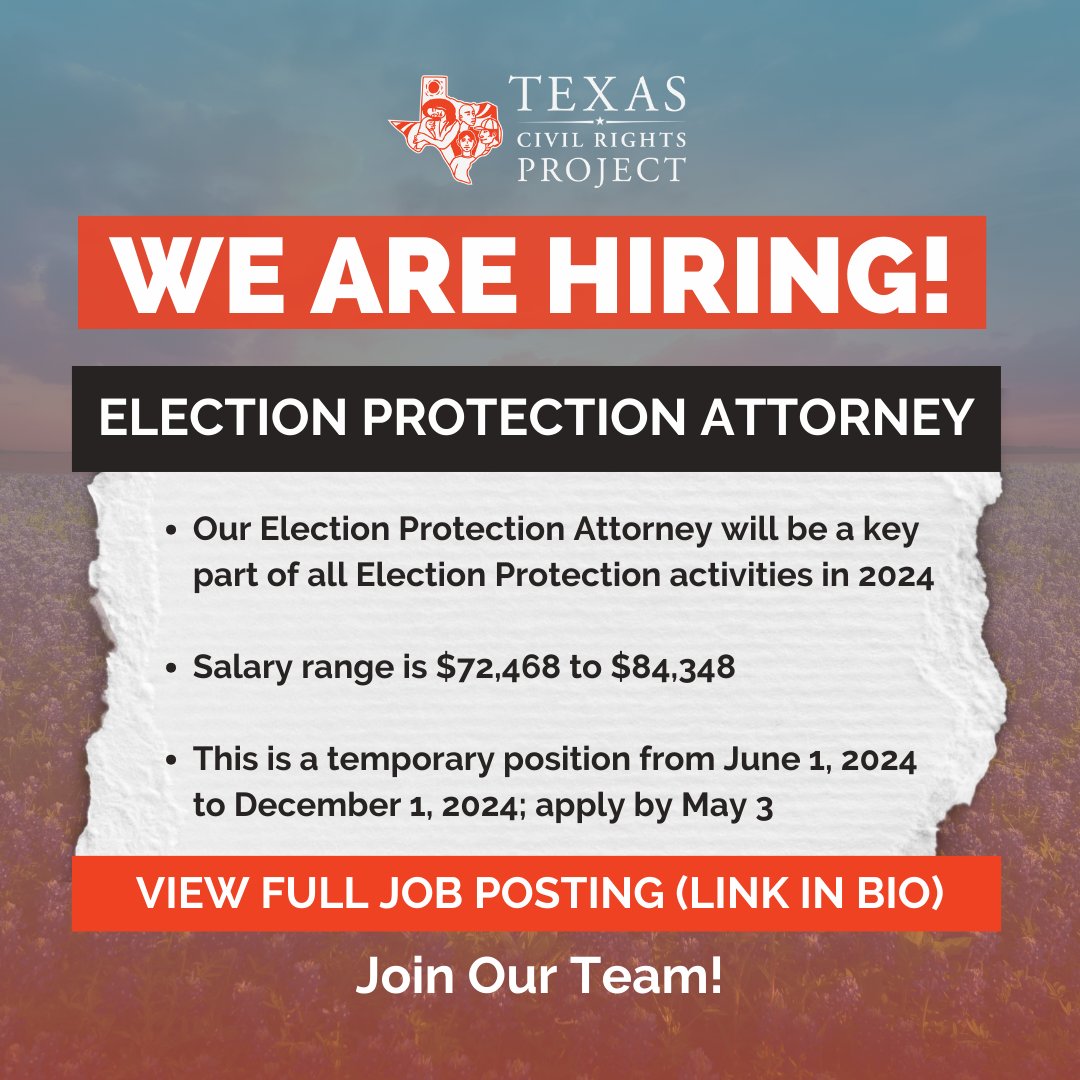 As we gear up for the 2024 election, our Voting Rights team seeks a talented attorney to help us knock down barriers many Texans face when heading to the polls. Apply to join us! txcivilrights.org/join-our-team