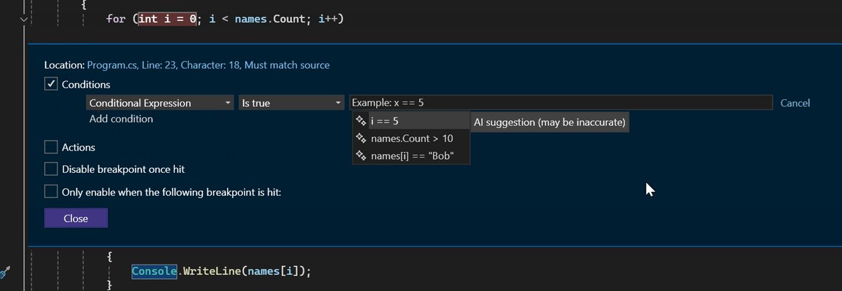 Setting conditional breakpoints/tracepoints is a breeze with 'Copilot Generated Breakpoint expressions.'

Let Copilot lend a hand with tailored breakpoint expression suggestions, saving you time and frustration. 

#VS2022 17.10 P3 

learn.microsoft.com/en-us/visualst…