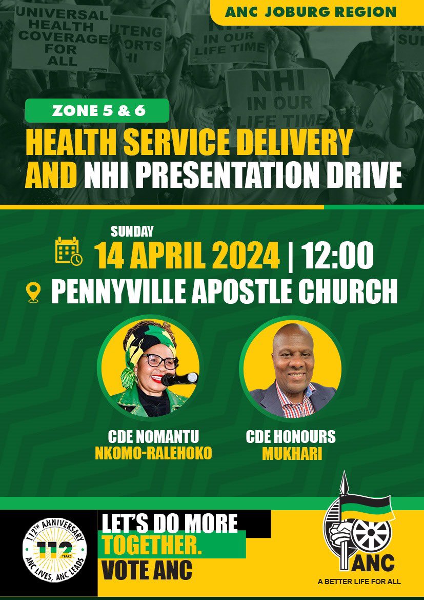 On Sunday we are in Noordgesig, Zone 6 Joburg Region to unpack how National Health Insurance will be implemented. #VOTEANC29May2024