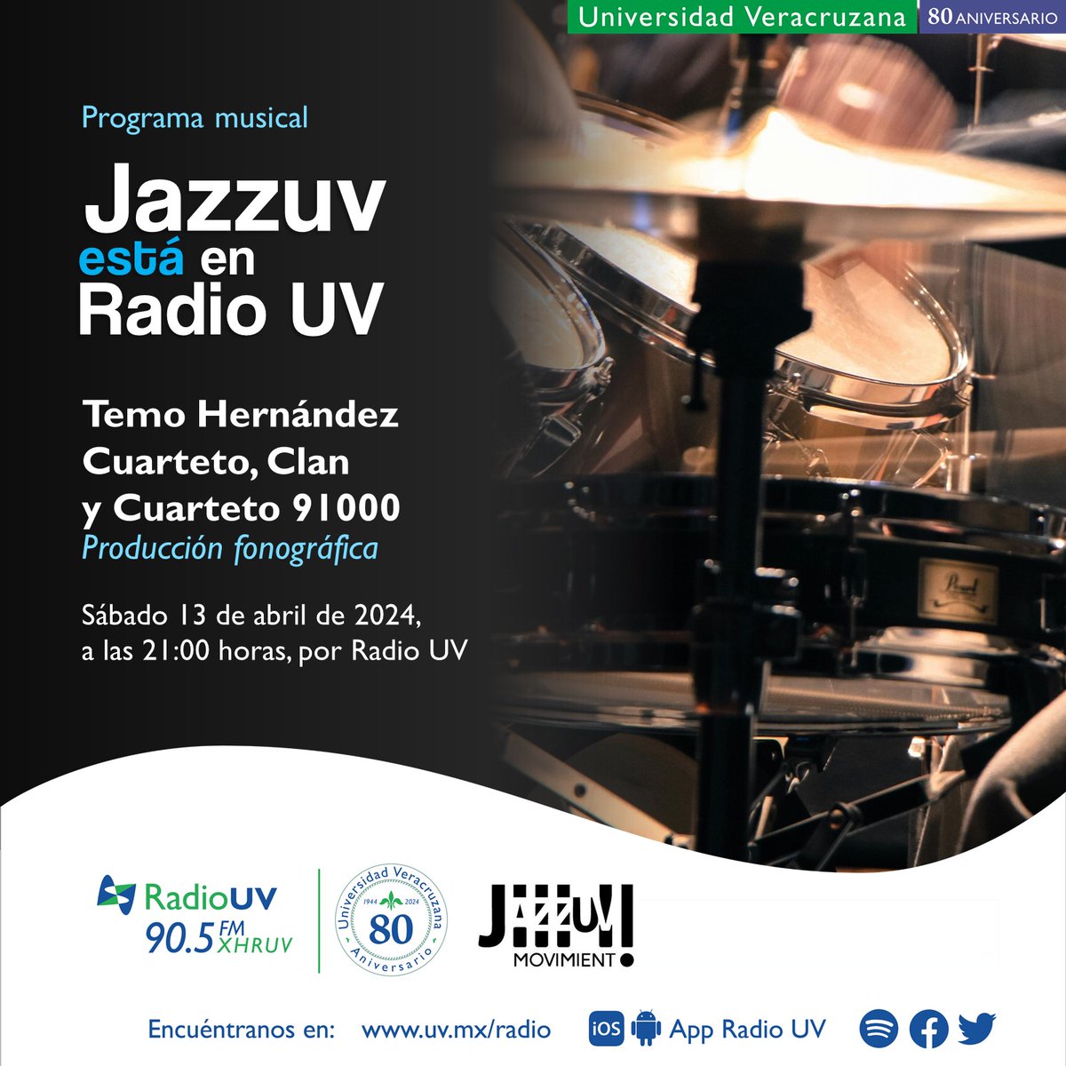 ¡El ritmo de JazzUV está en Radio UV! 🎼✨ Acompaña tu fin de semana con una serie de propuestas musicales de creadoras y creadores #JazzUV. 👉🏻 Disfruta la música de Temo Hernández Cuarteto, Clan y Cuarteto 91000. 🎧13 de abril | 21:00 horas | 90.5 FM
